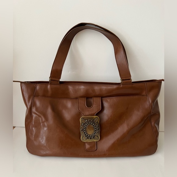 AnaFirenze Brown Tote Bag SyntheticLeather BuckleAccent Zip/Snap ClosureFLAWED - Picture 1 of 16